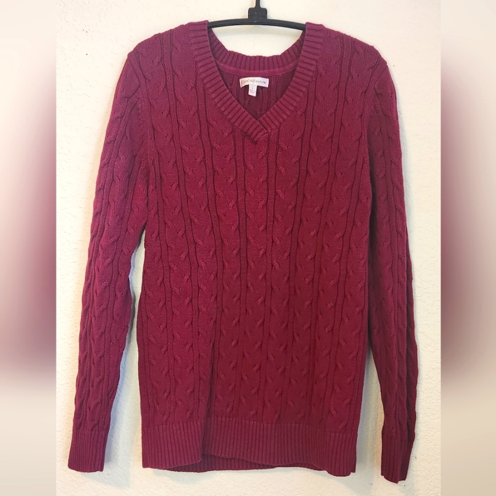 Croft & Barrow Maroon V-Neck Cable Knit Cotton Sweater, Size L